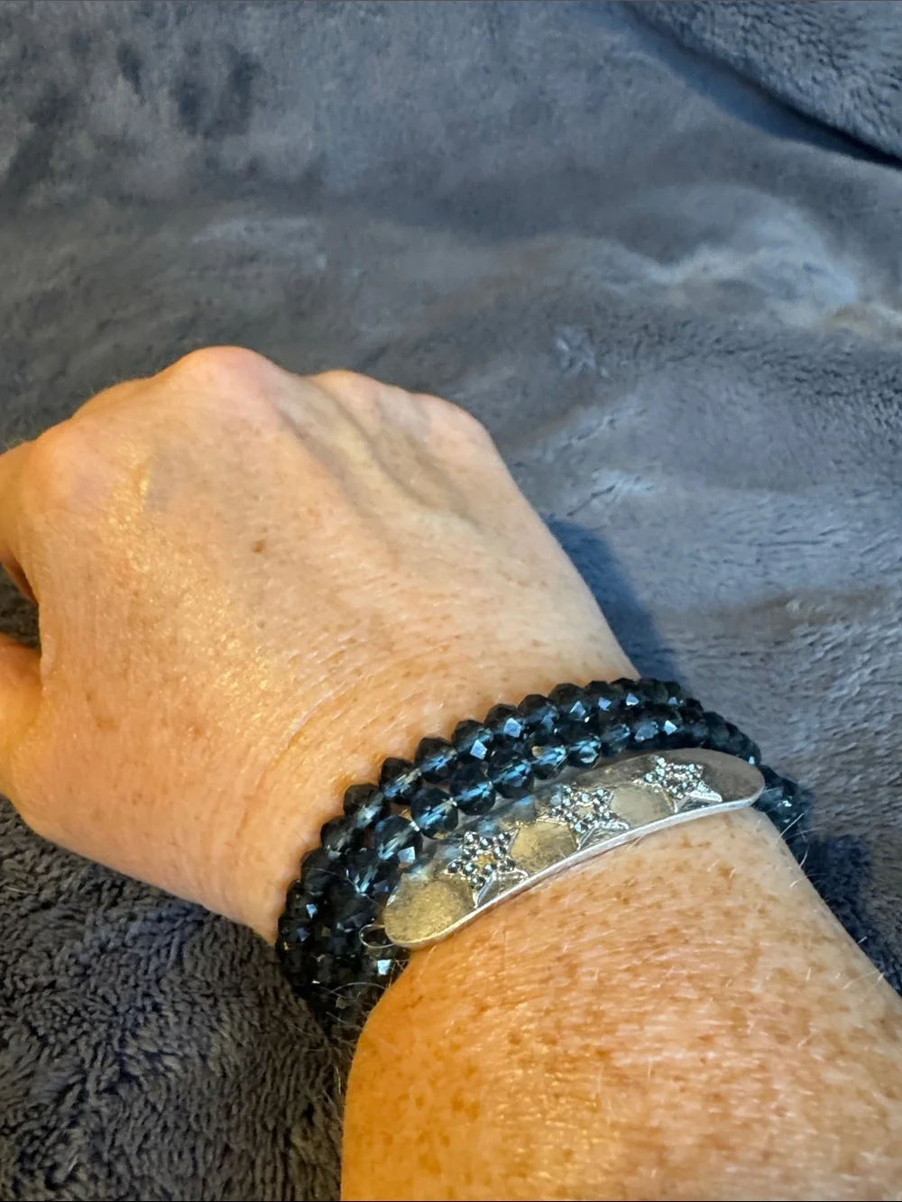 Navy Beaded Stretch Bracelet with Silver Three Star Accent